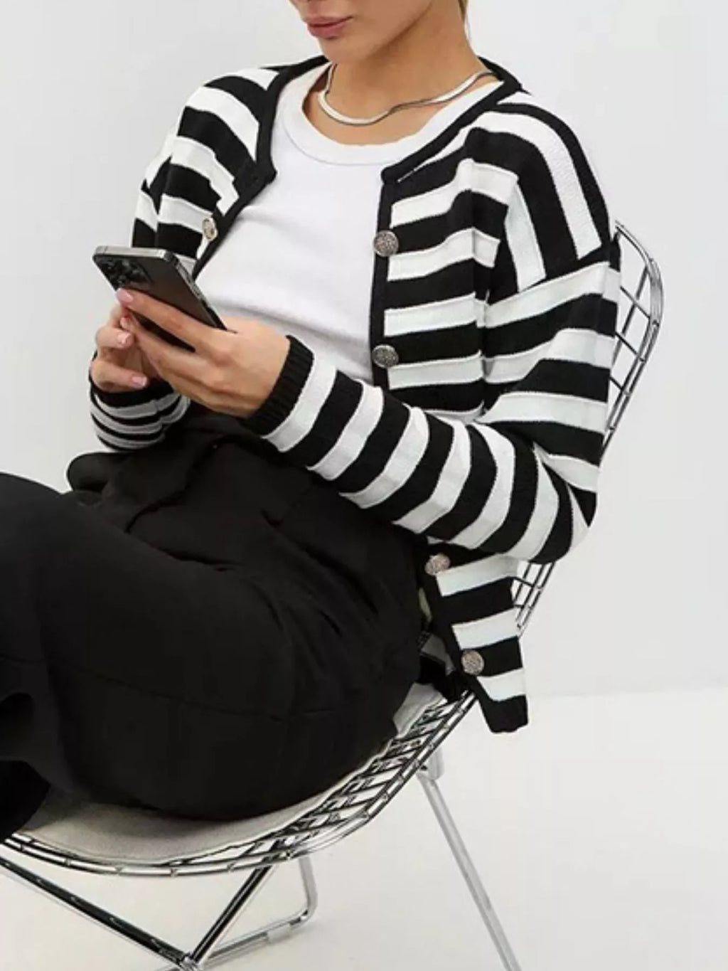 Striped Button-Down Knit Cardigan