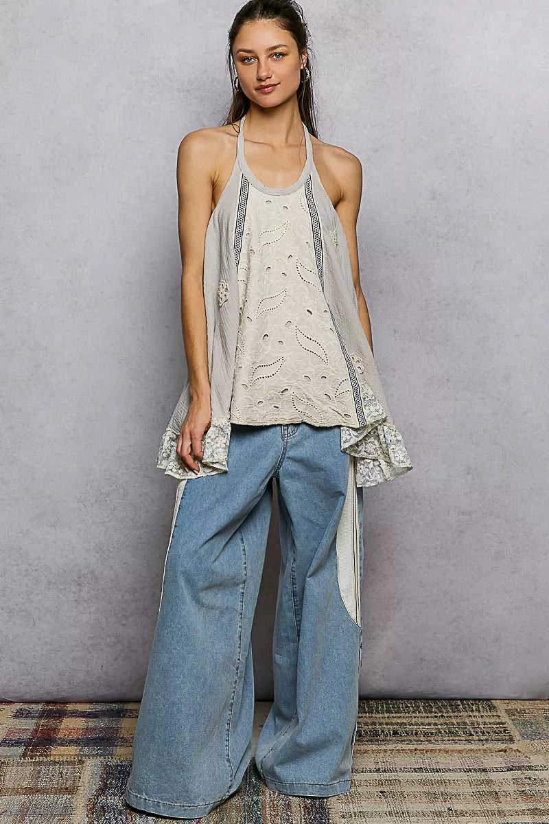 POL Lace Ruffle Halter Neck Double Gauze Top with Crochet Patch