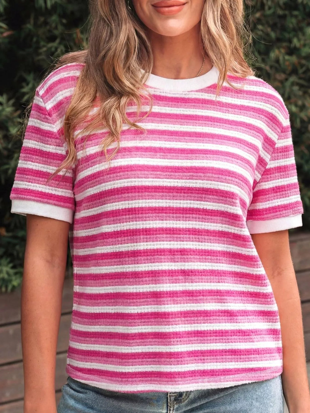 Textured Knit Short Sleeve Crossed Detail Tee