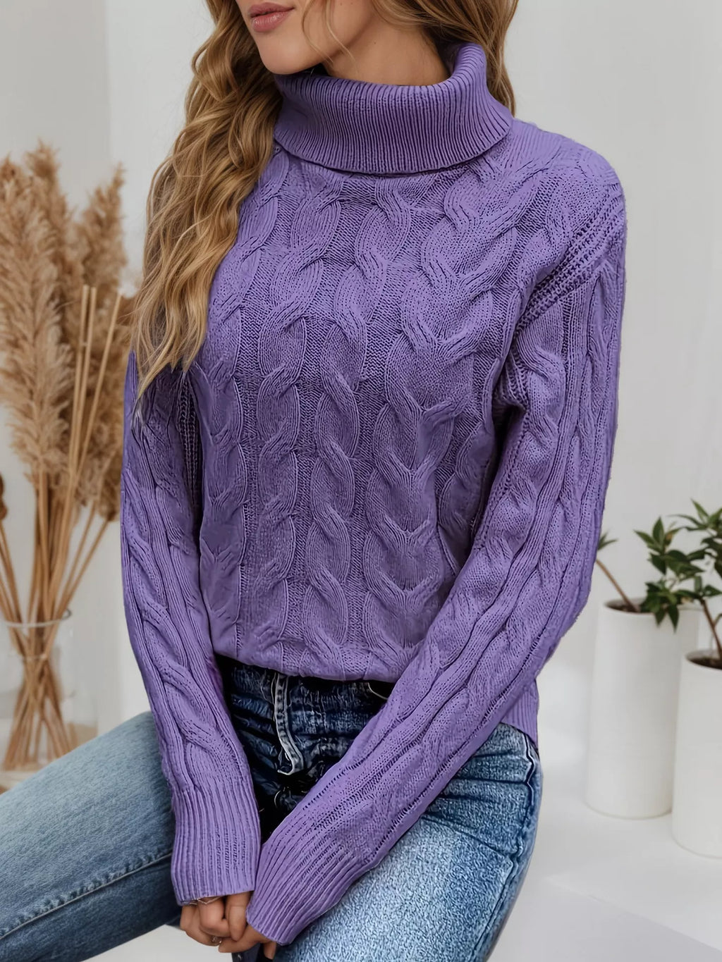 Cable Knit Turtleneck Long Sleeve Sweater