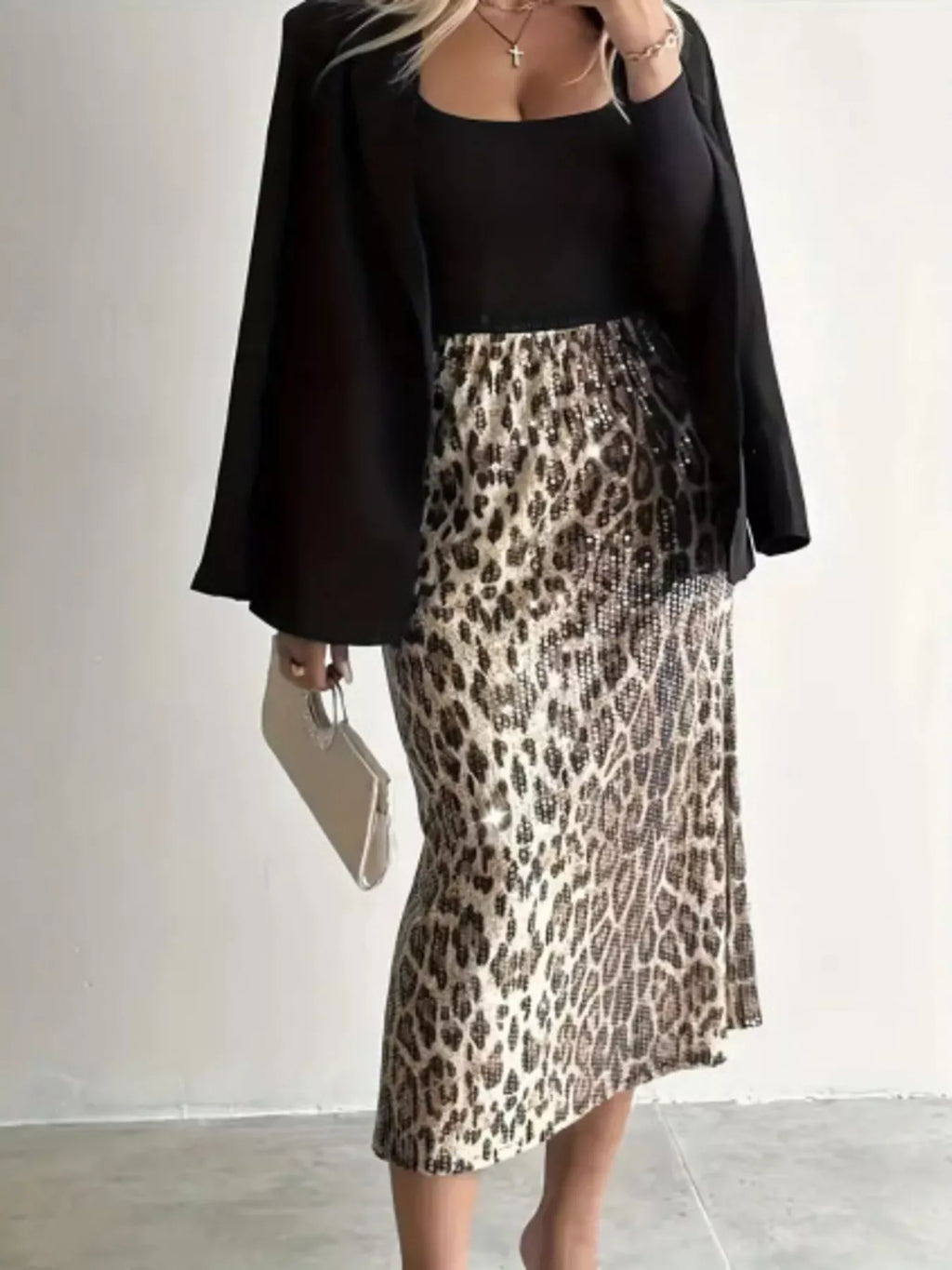 Sequin Leopard Midi Skirt