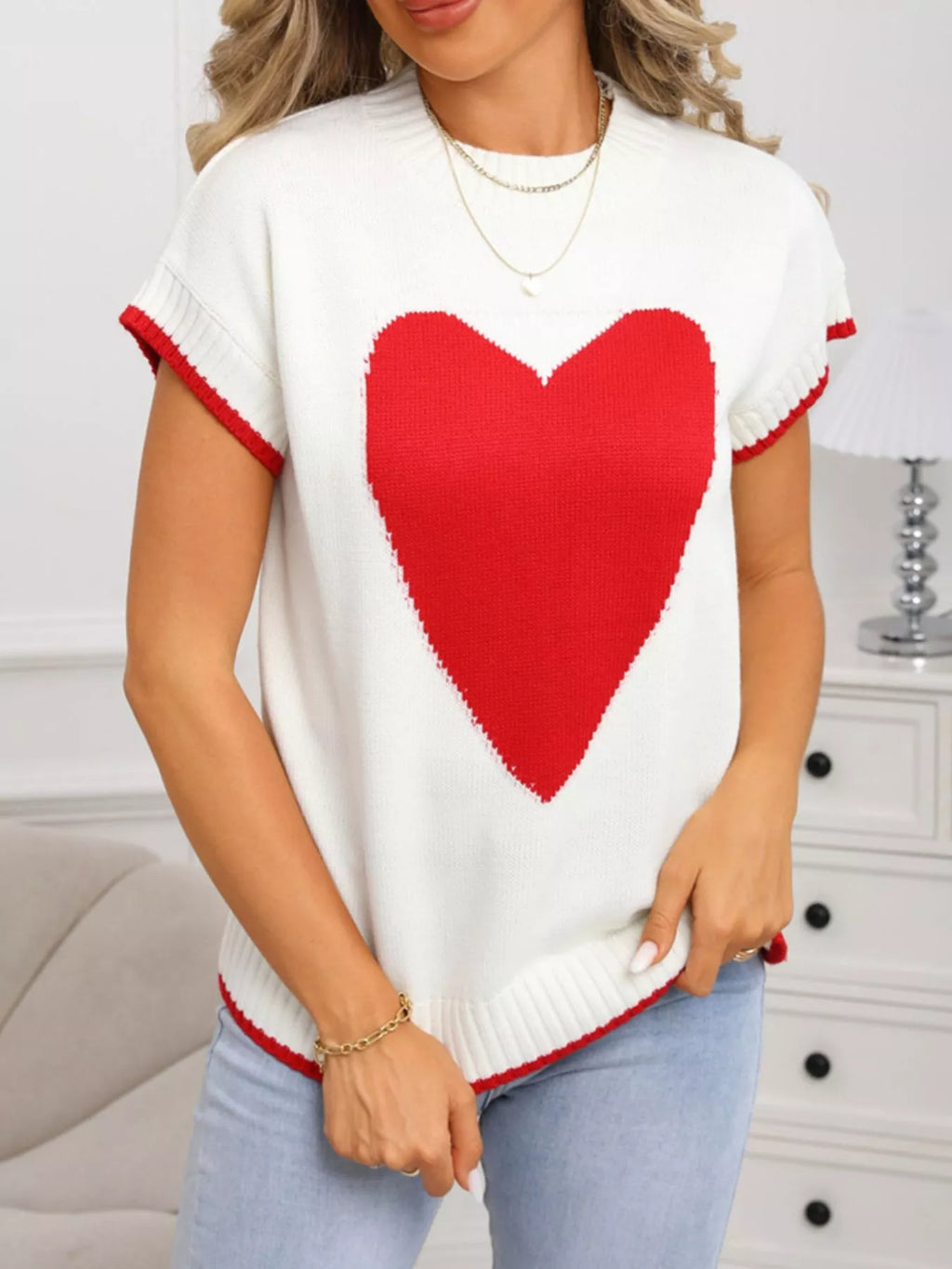 Valentine's Day Heart Graphic Short Sleeve Sweater