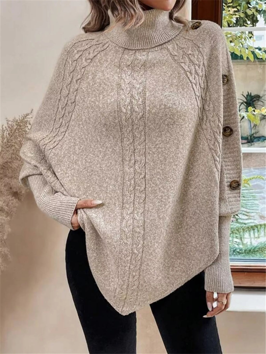 Cable Knit Turtleneck Cape Sweater