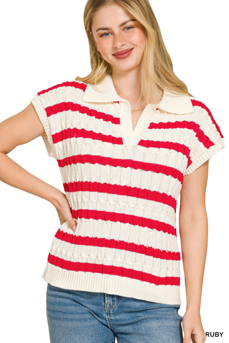 Zenana Textured Stripe Collared Sweater Vest