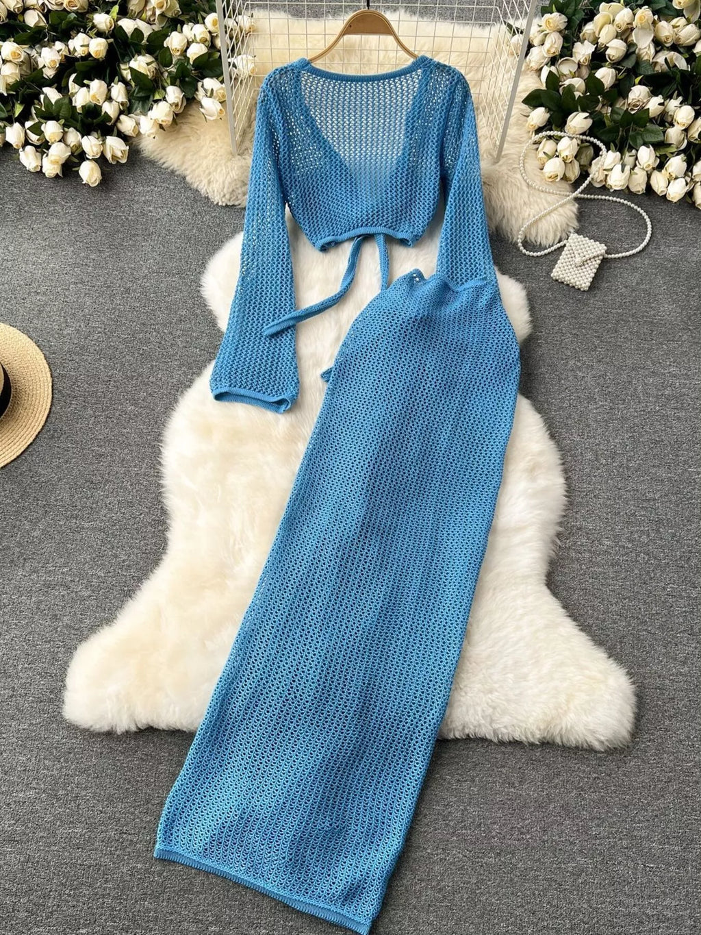 Knitted Crop Top and Slit Skirt Set