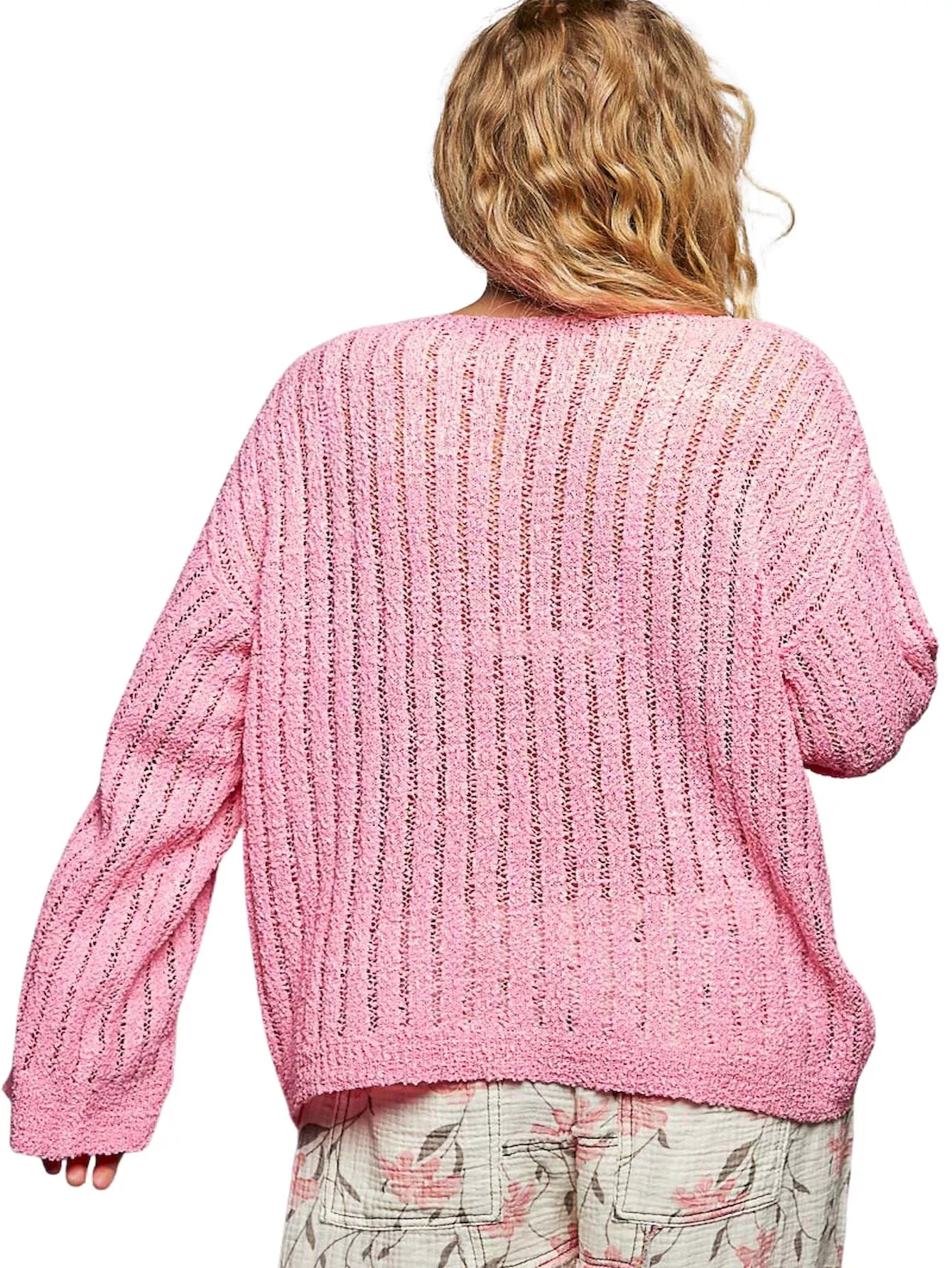POL Round Neck Long Sleeve Open Weave Sweater