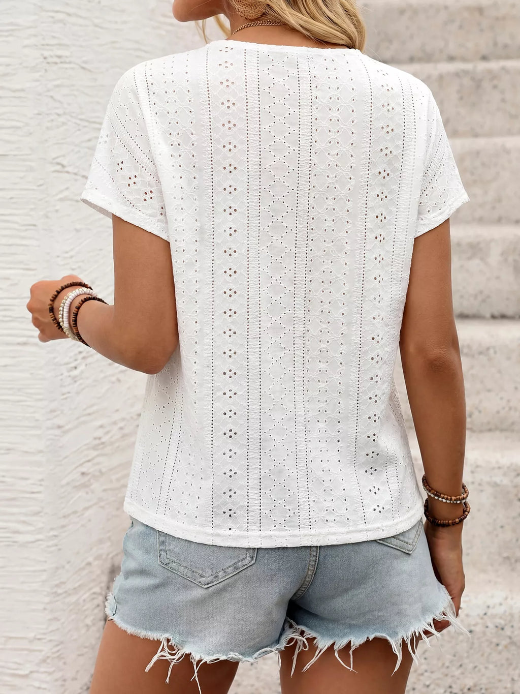 Eyelet V-Neck Short Sleeve Top