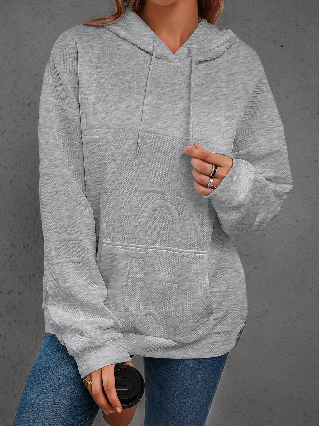 Full Size Textured Embossed Long Sleeve Hoodie Plus Size