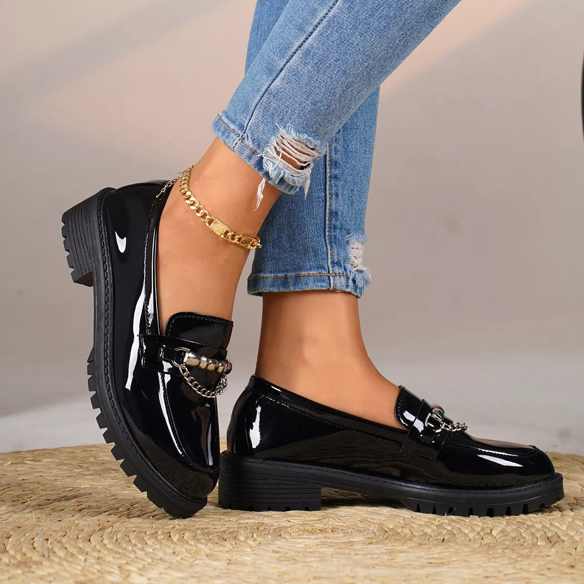 Chain Embellished Round Toe Loafers