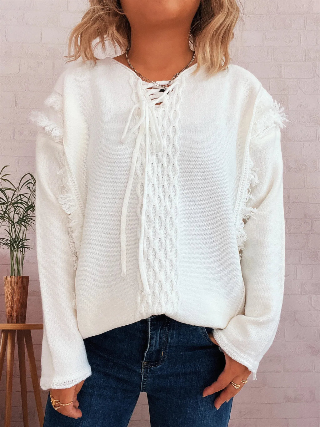 Raw Hem Lace Up Front Sweater