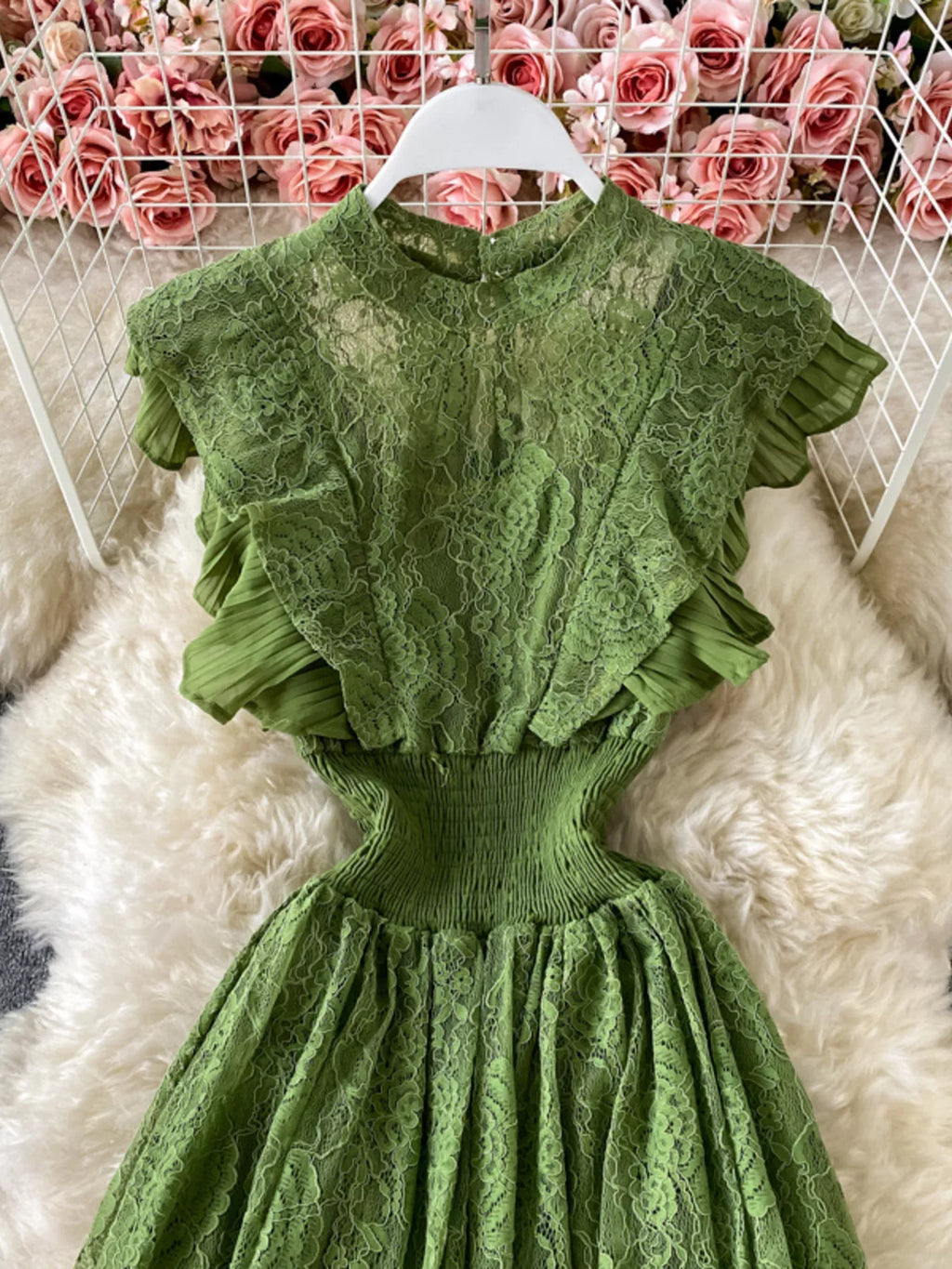 Ruffled Mock Neck Lace Maxi Dress
