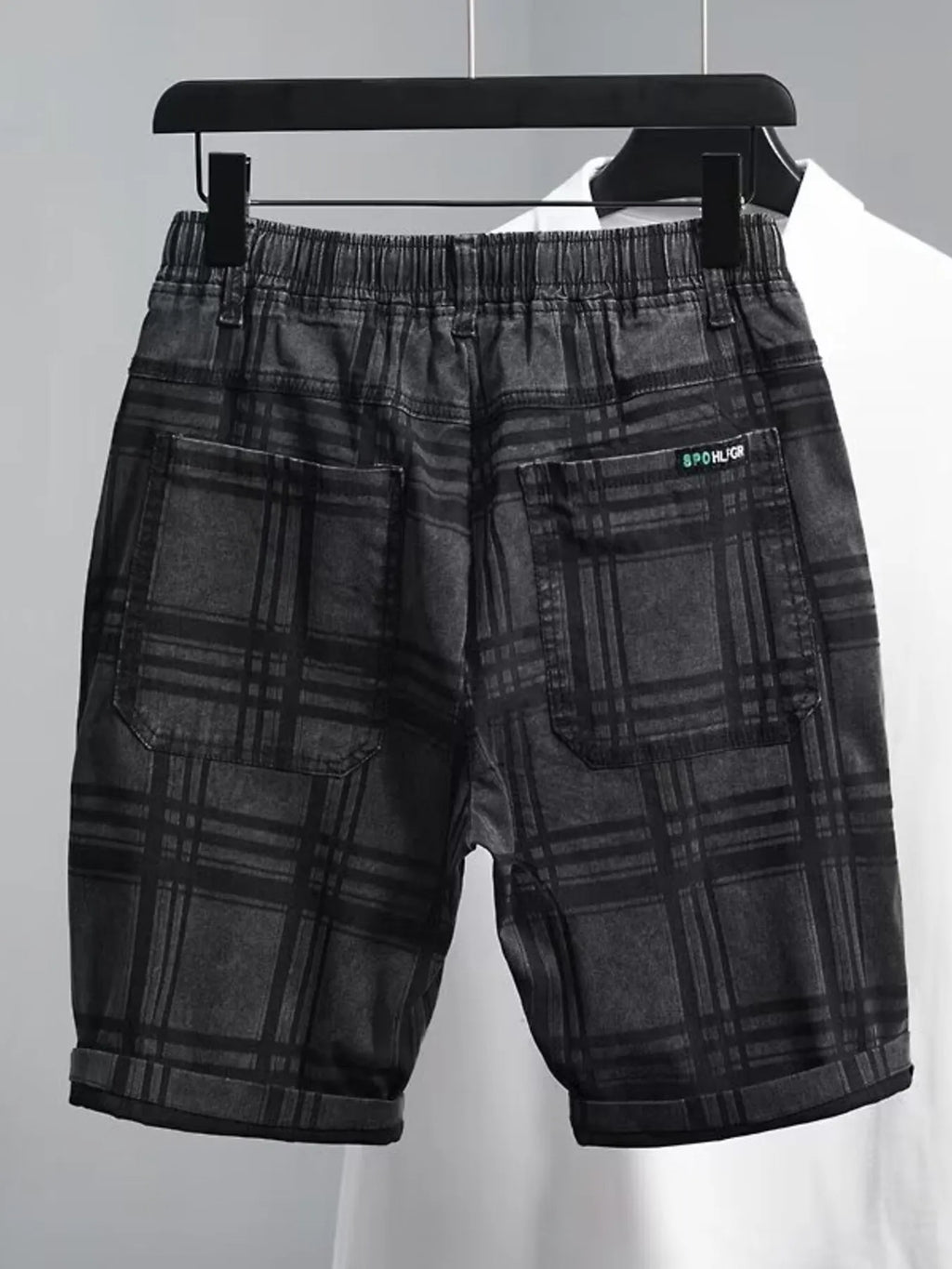 Men's Plus Size Plaid Pattern Elastic Waist Denim Shorts