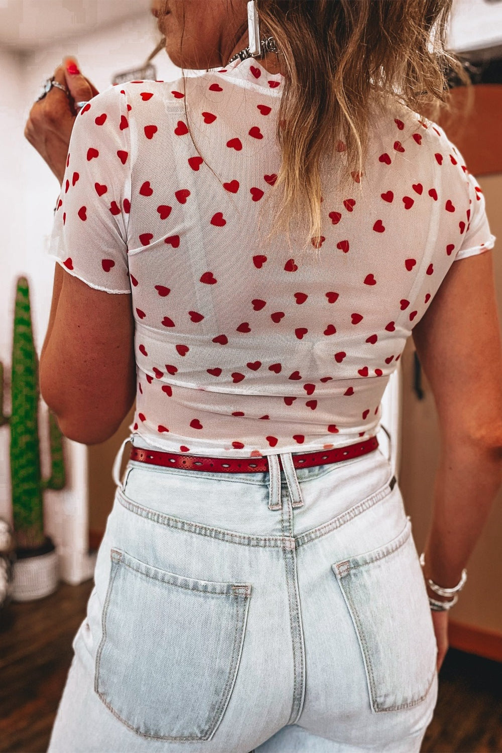 Sheer Heart Print Fitted Top