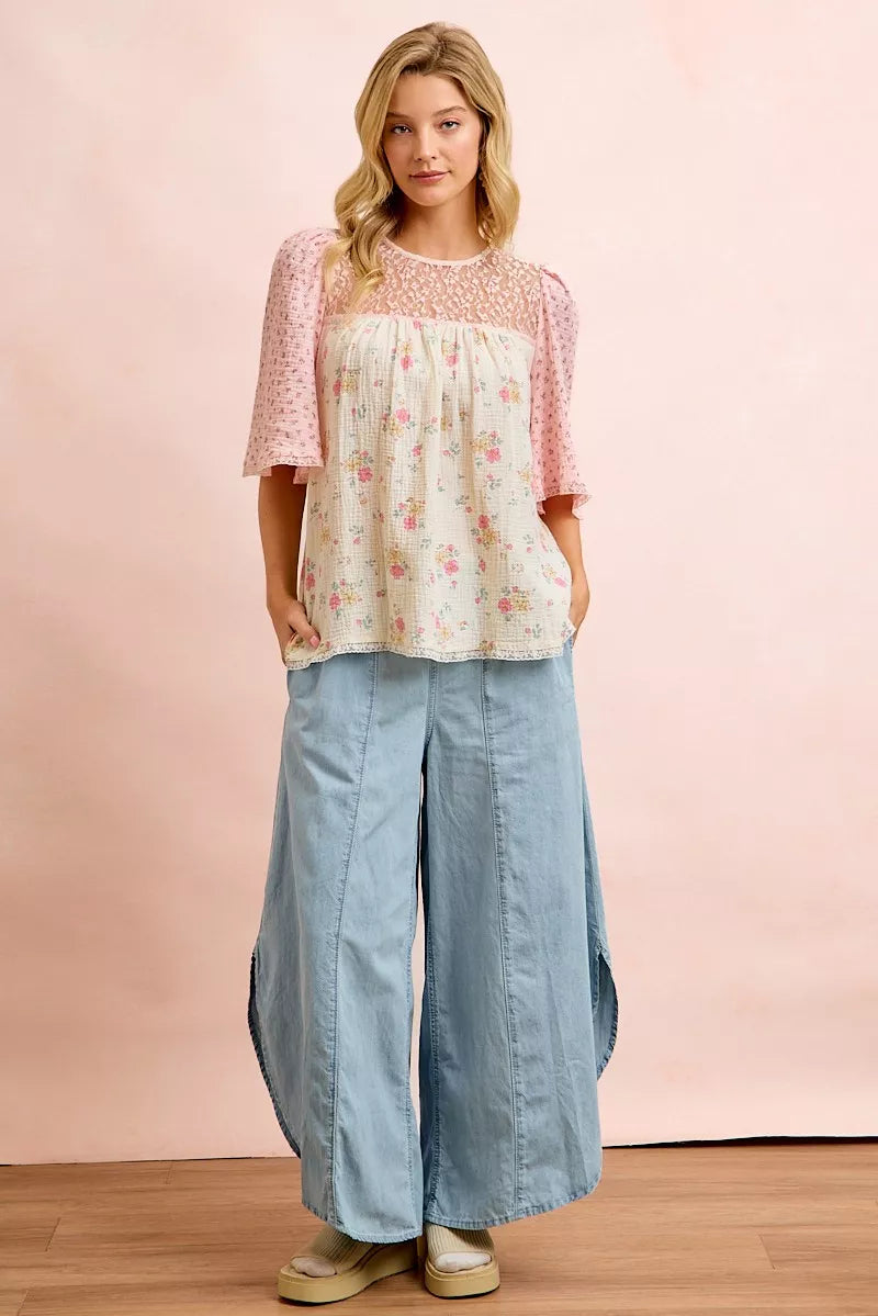 BiBi Crinkle Floral Gauze Mix And Matched Blouse Top