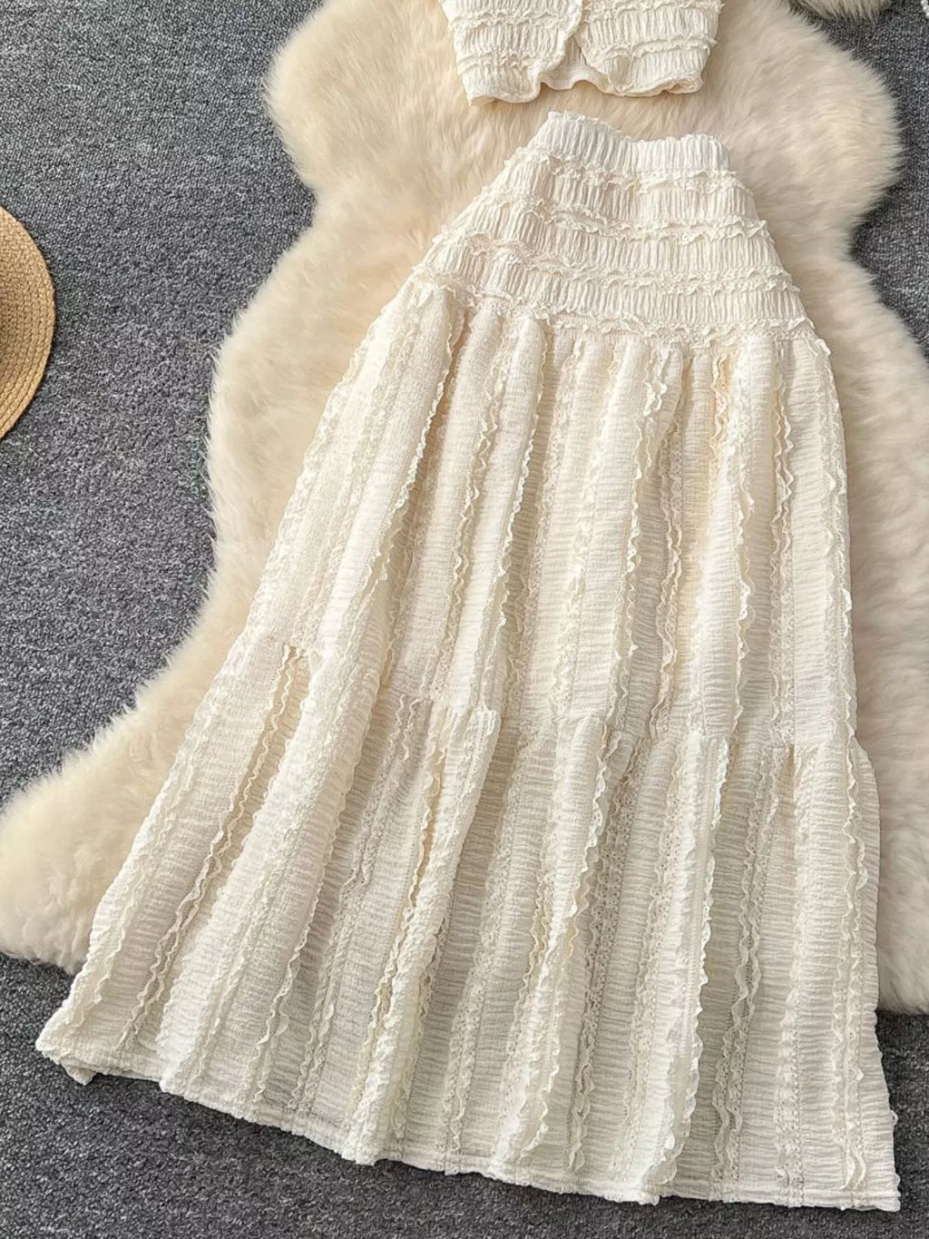 Textured Crop Top and Tiered Skirt Set