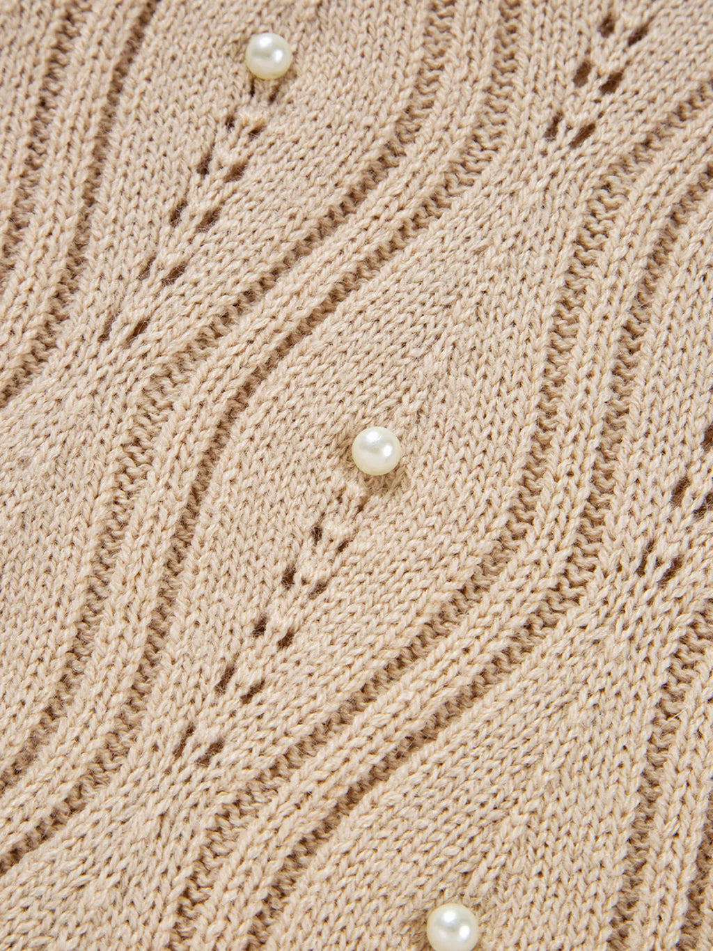 Pearl Beaded Pointelle Knit V Neck Lace Patchwork Sleeve Sweater