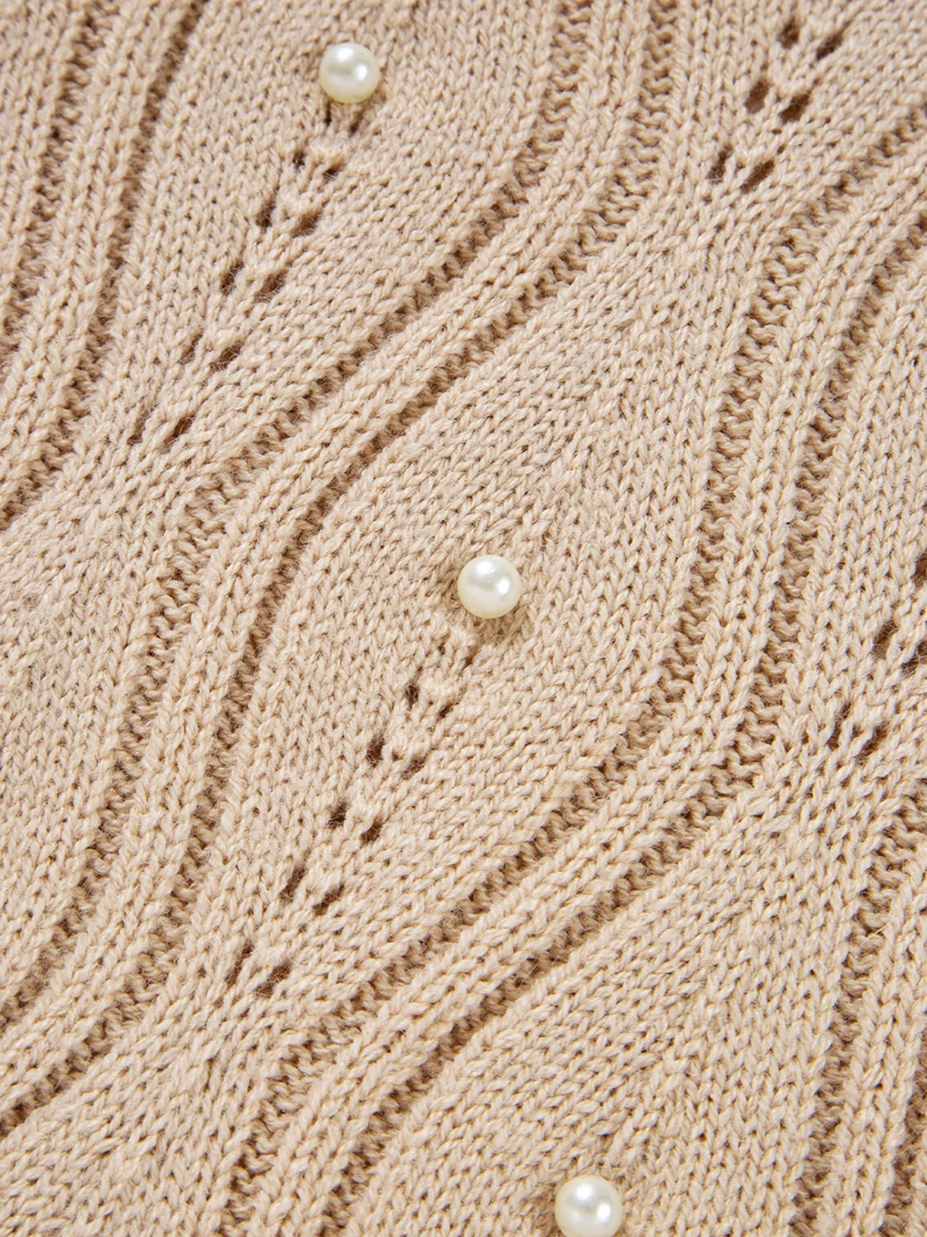 Pearl Beaded Pointelle Knit V Neck Lace Patchwork Sleeve Sweater