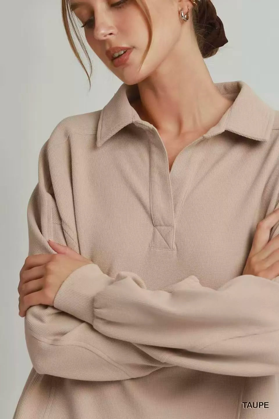 Umgee Brushed Waffle Polo Collared Pullover