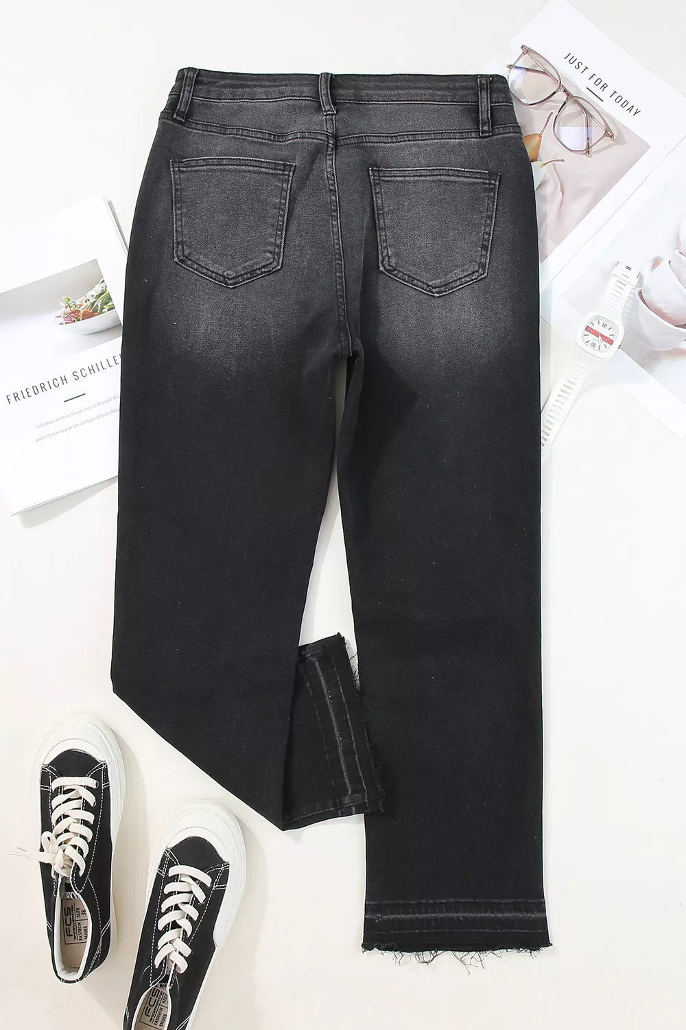 High-Waisted Distressed Hem Straight Leg Jeans