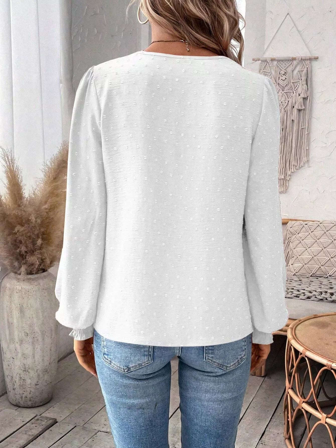 Swiss Dot Lace Detail Long Sleeve Blouse