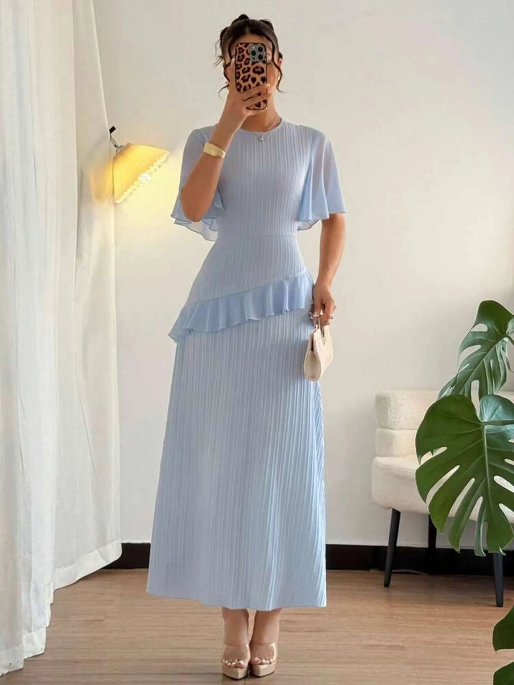 Ruffled Round Neck Flutter Sleeve Dress