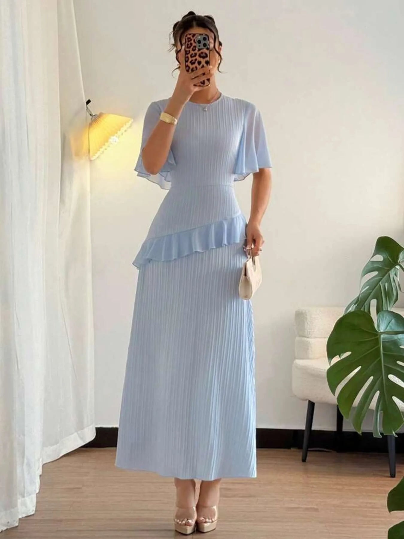 Ruffled Round Neck Flutter Sleeve Dress