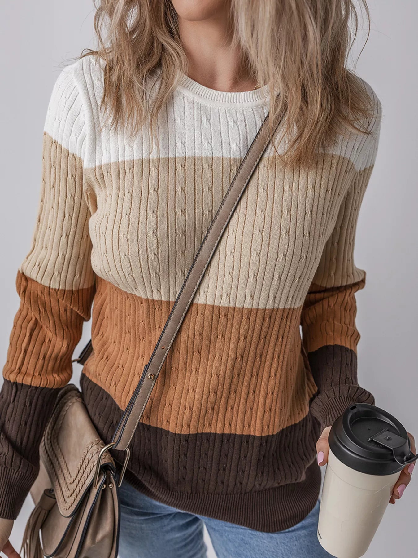 Colorblock Cable Knit Round Neck Sweater