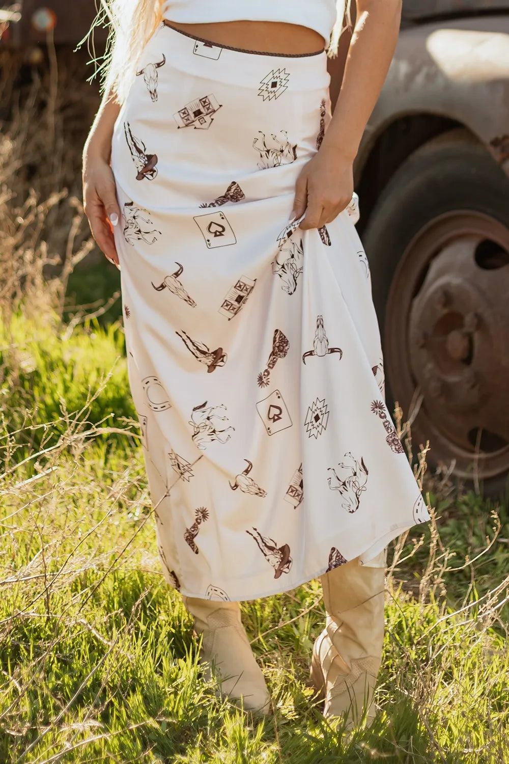 Western Print Satin Long Skirt