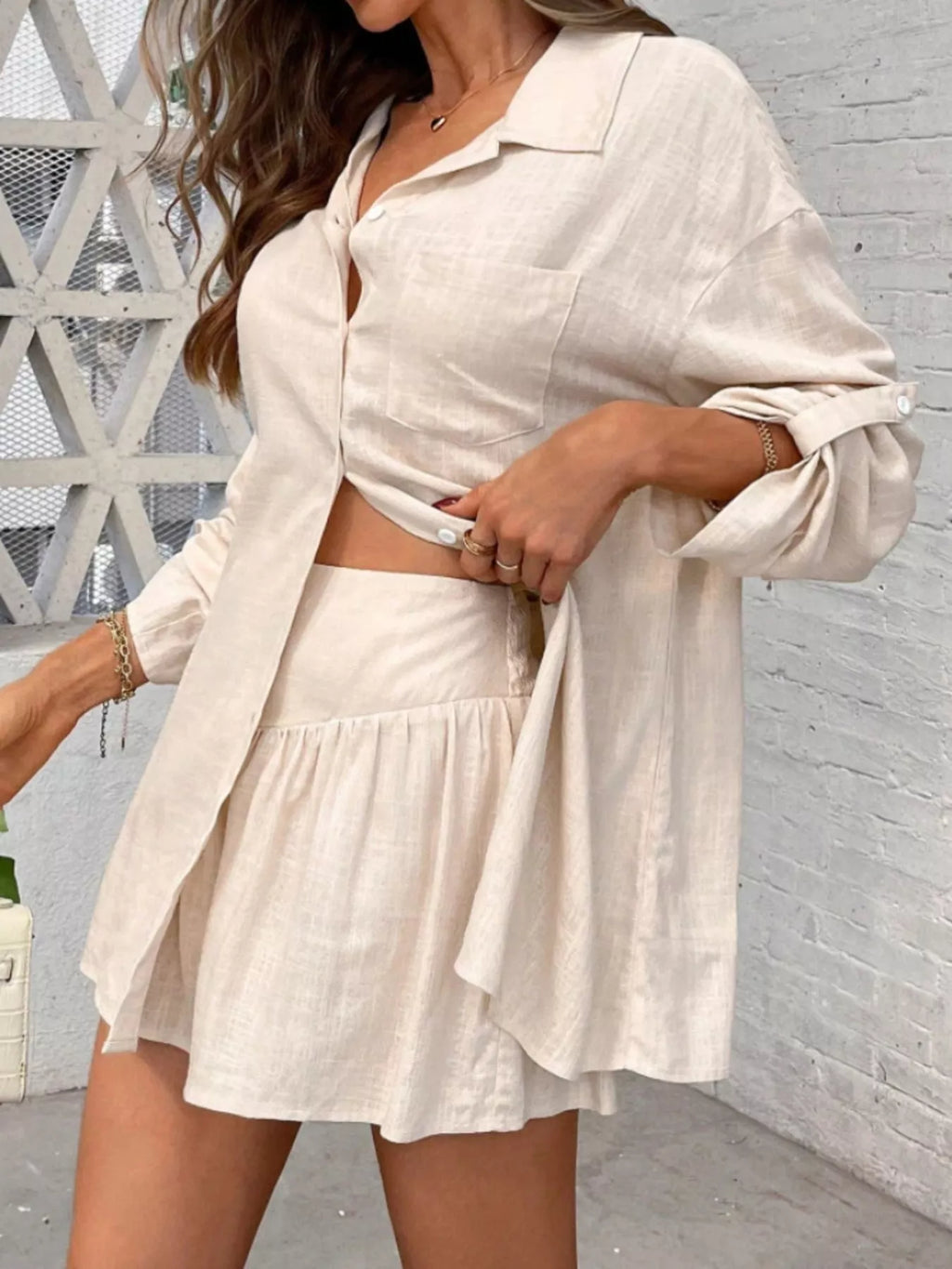 Button Up Roll-Up Sleeve Shirt and Shorts Set