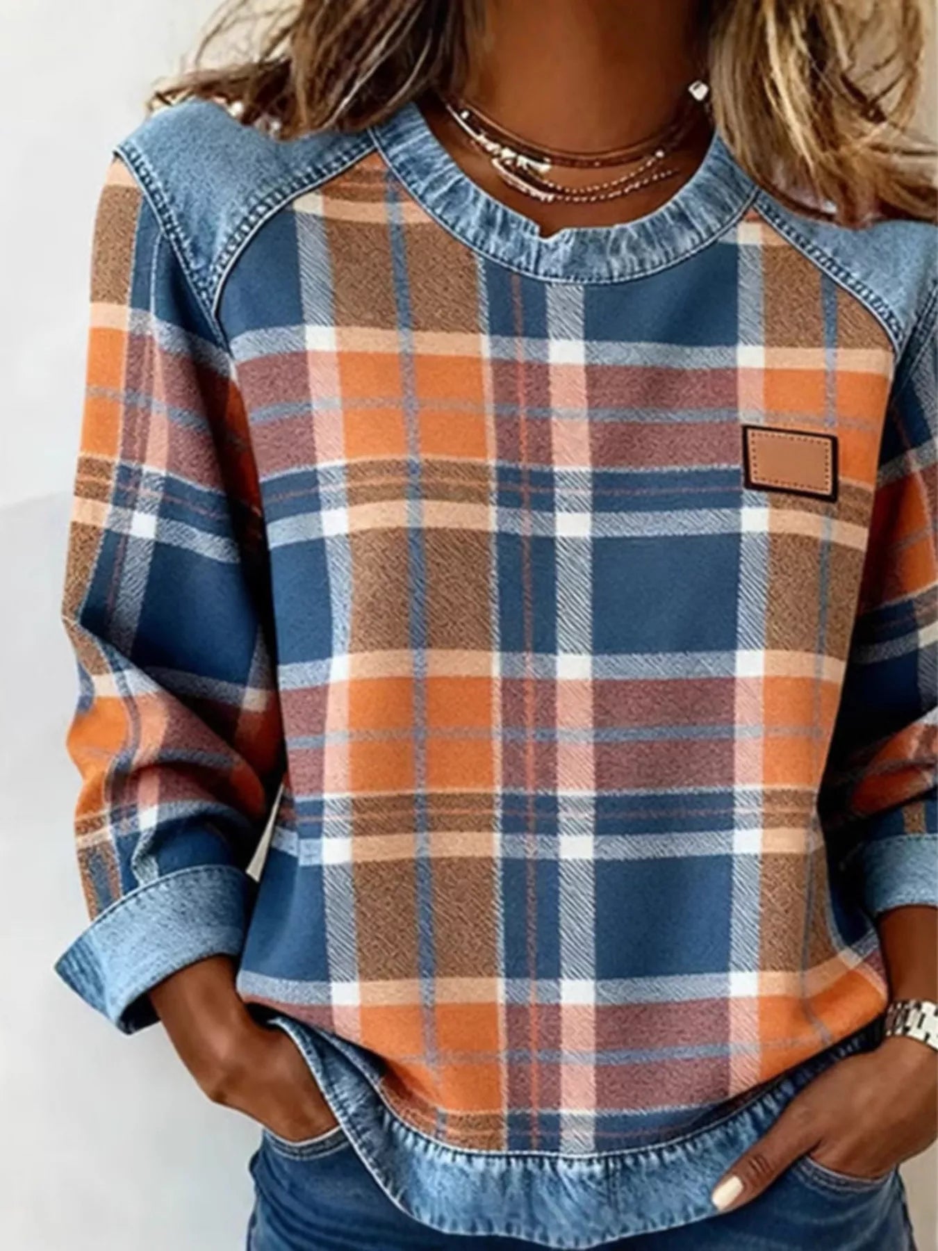 Full Size Plaid Denim Trim Long Sleeve Sweatshirt Plus Size