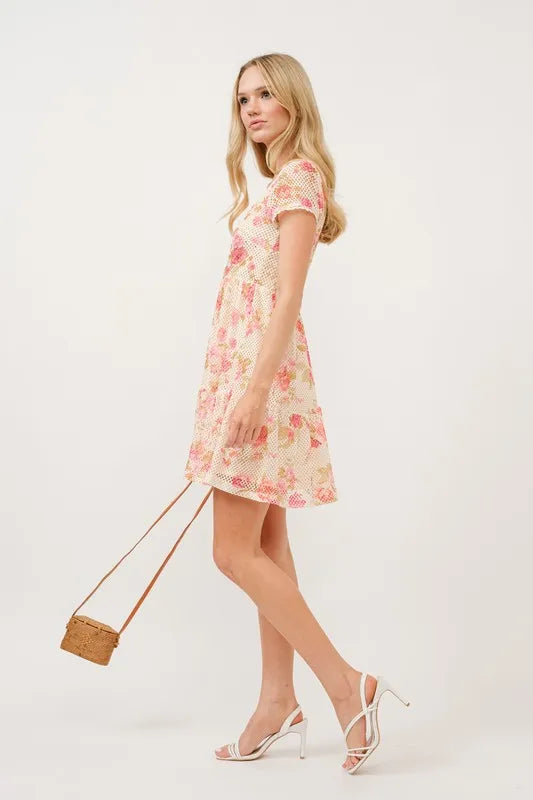 And The Why Square Neck Tiered Floral Fishnet Dress