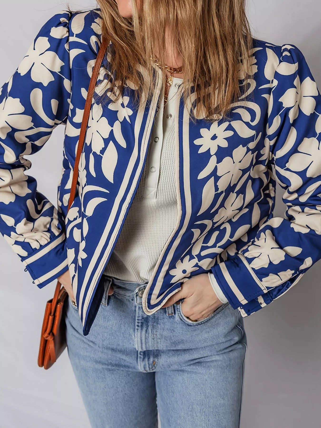 Flower Print Open Front Buttoned Cuffs Elegant Jacket