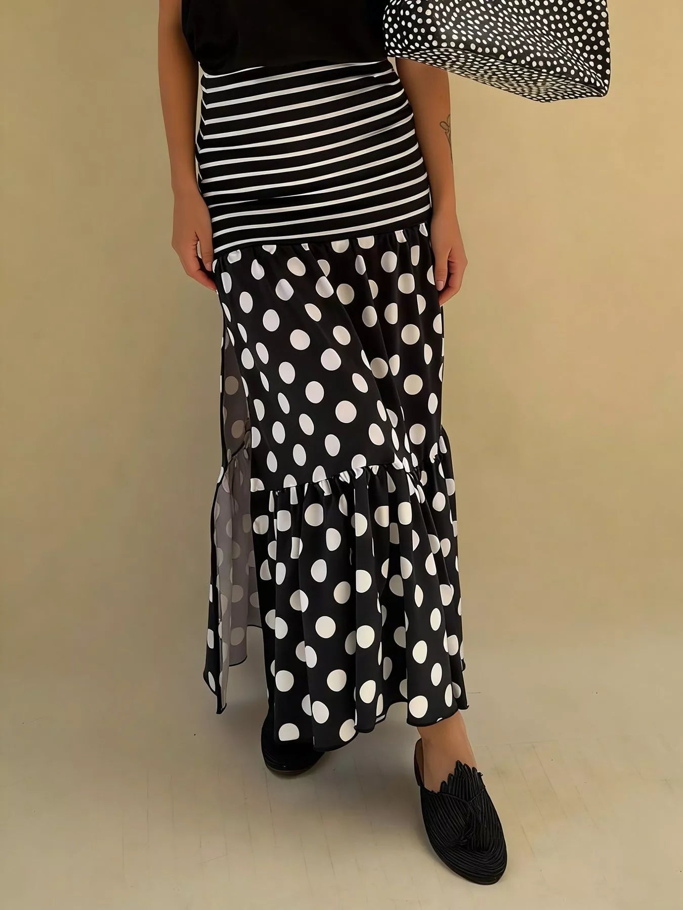 Polka Dot Striped Slit Maxi Skirt
