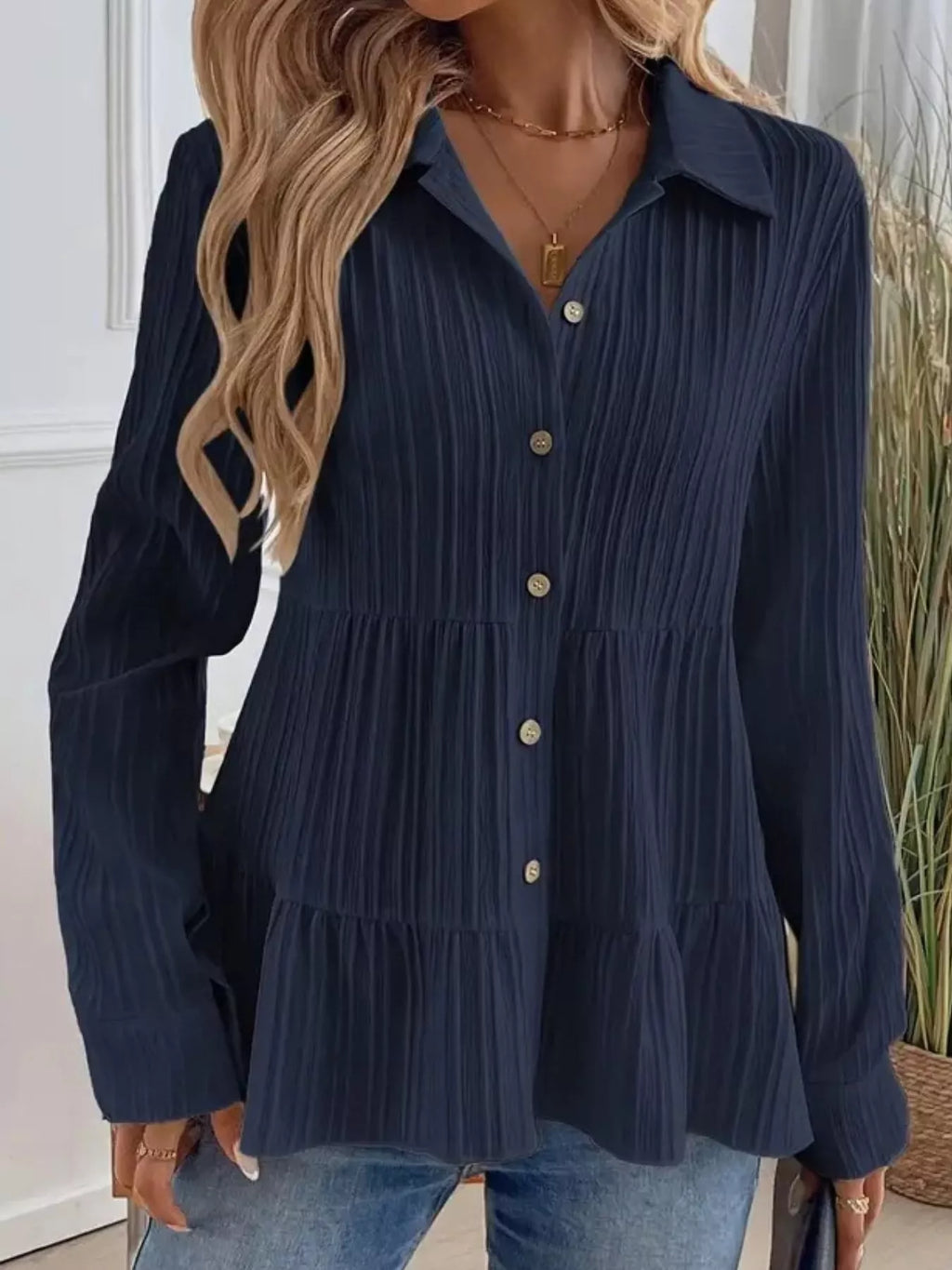 Button-Down Long Sleeve Tiered Shirt