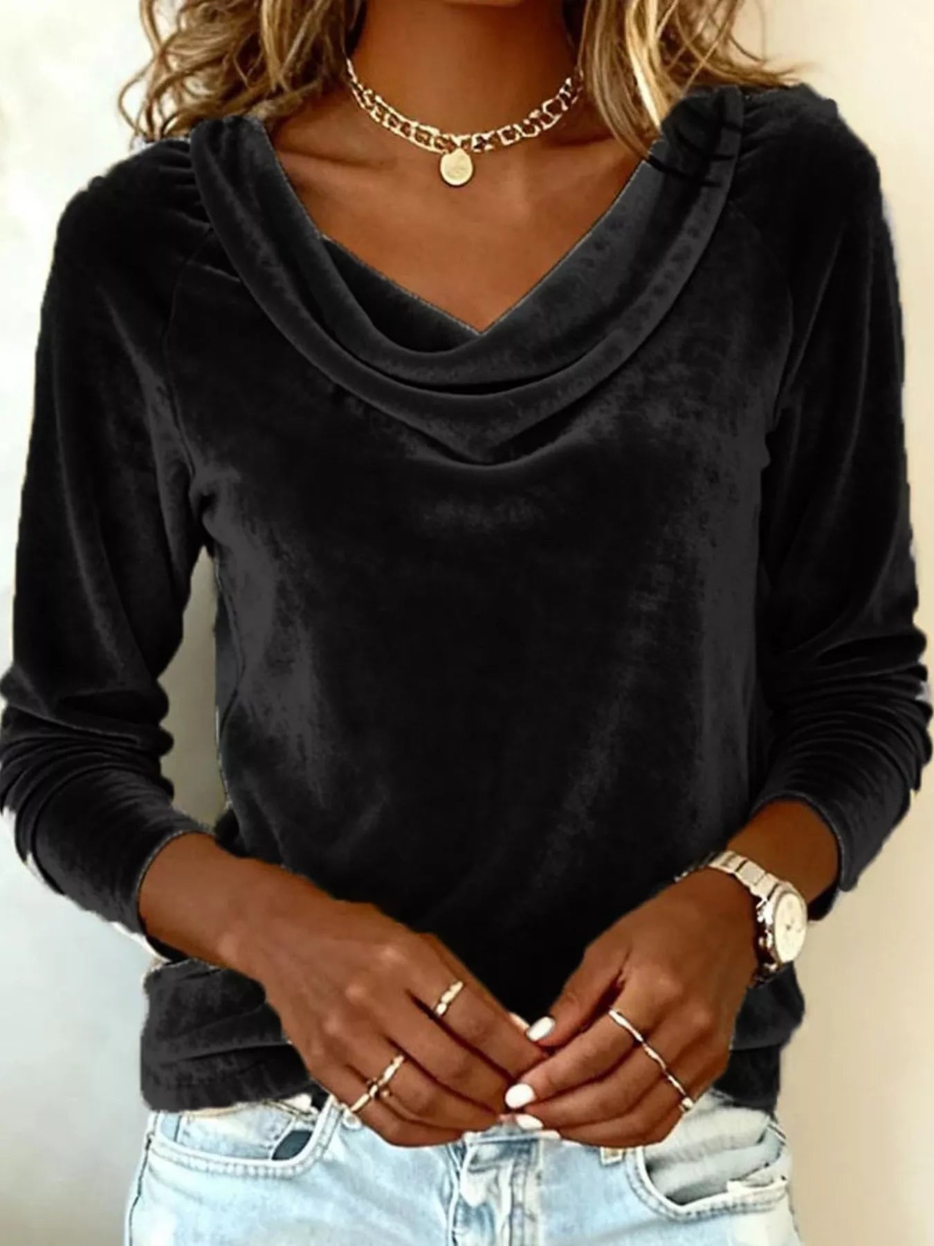 Velvet Cowl Neck Long Sleeve T-Shirt