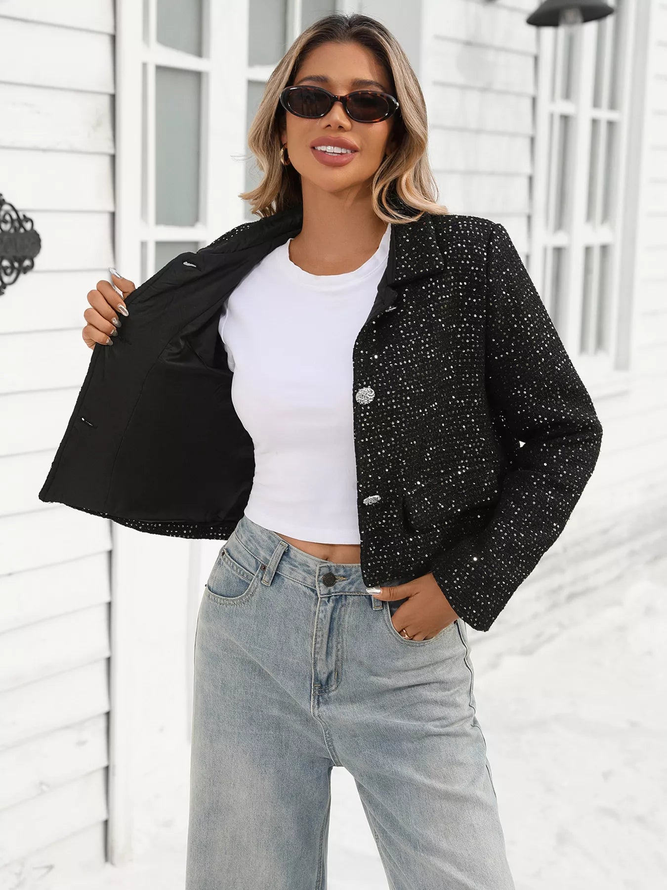 Tweed Button Up Cropped Jacket