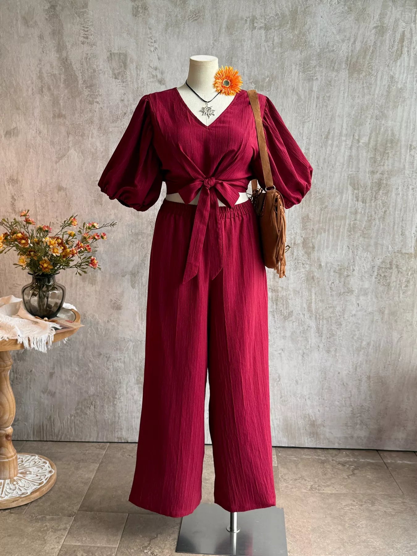 Plus Size Tie-Front Puff Sleeve Top and Wide-Leg Pants Set