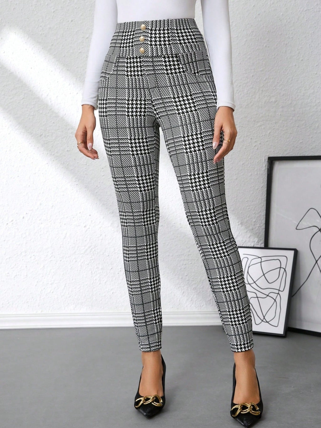 High Waist Plaid Slim Fit Pants