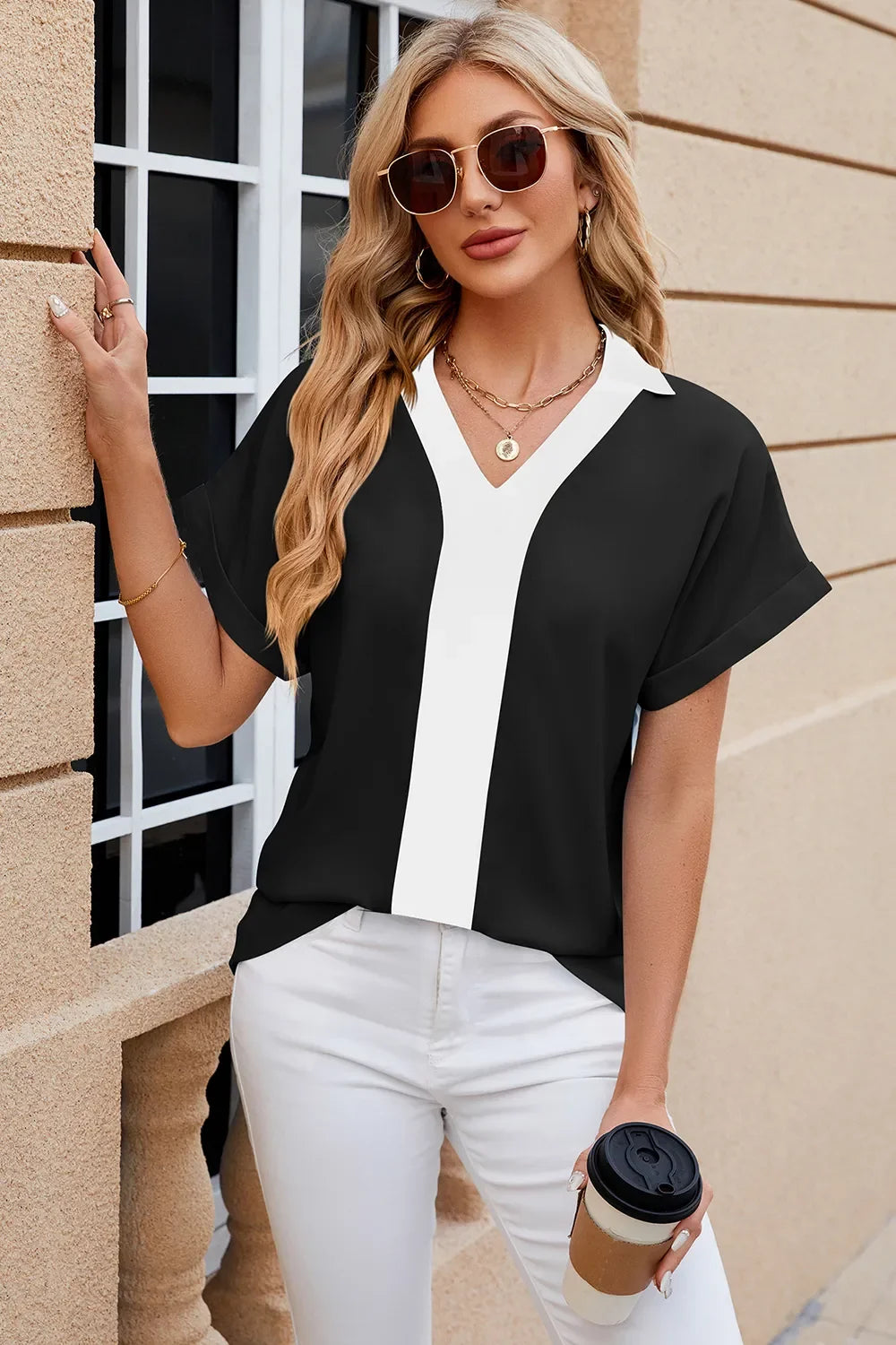 Contrast Johnny Collar Short Sleeve Blouse