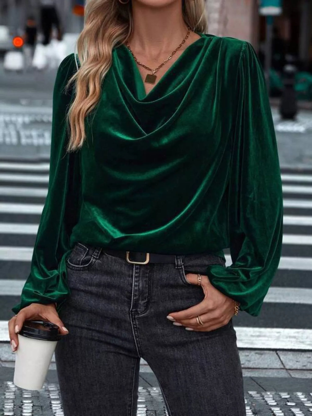 Velvet Cowl Neck Long Sleeve Blouse