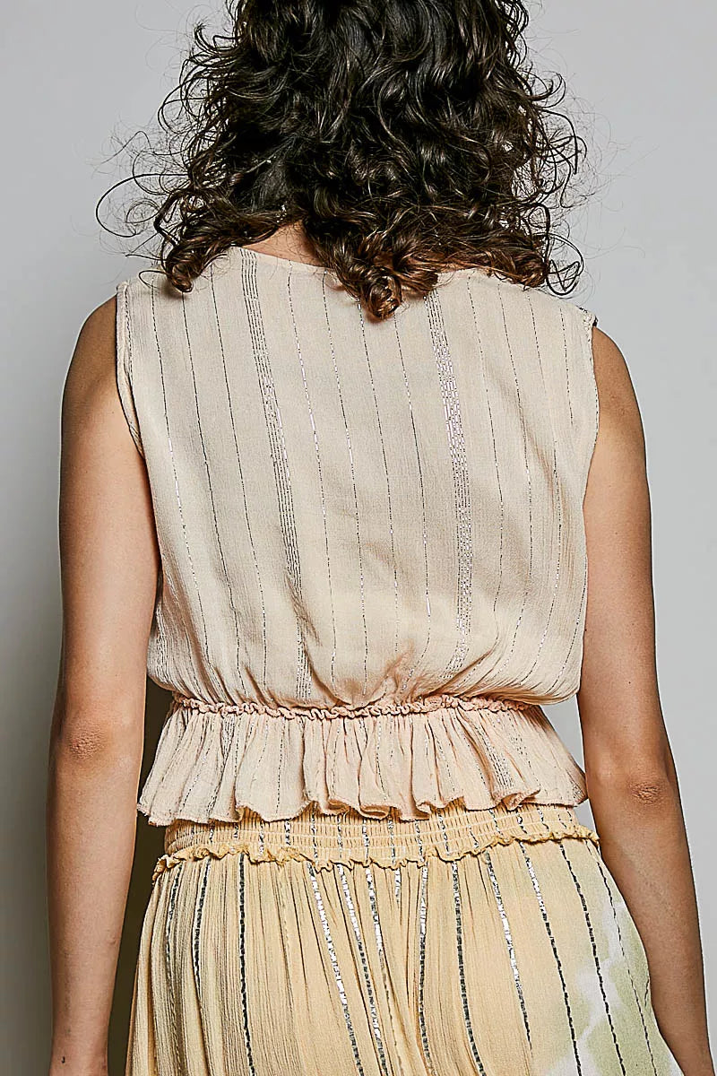 POL Shimmer Pattern Deep V Tie Front Tassel Ruffle Hem Sleeveless Crop Top