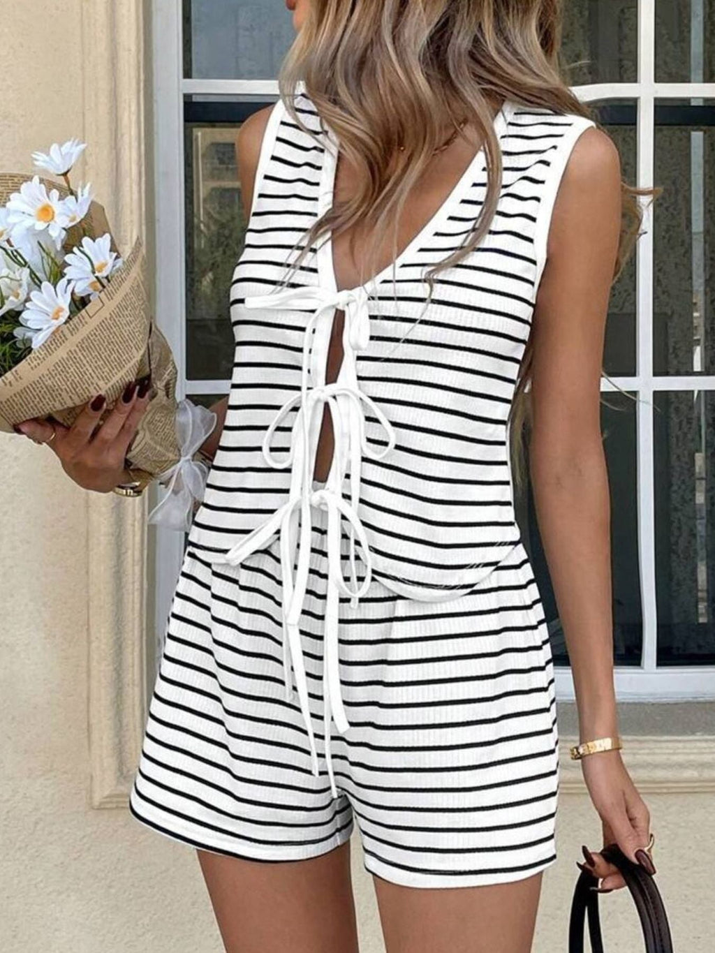 Striped Knit Tie-Front Sleeveless Top & Shorts Set