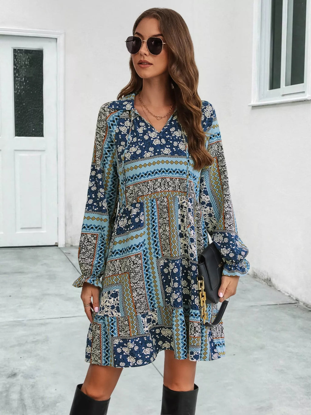 Boho Floral Print Long Sleeve Mini Dress