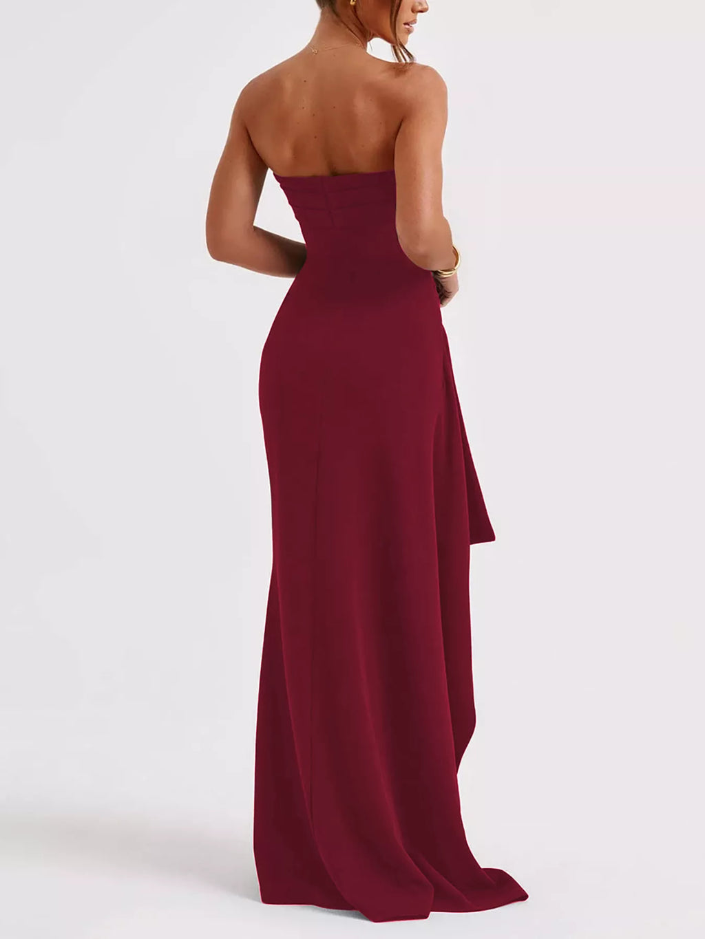 Strapless Ruched High Slit Maxi Dress