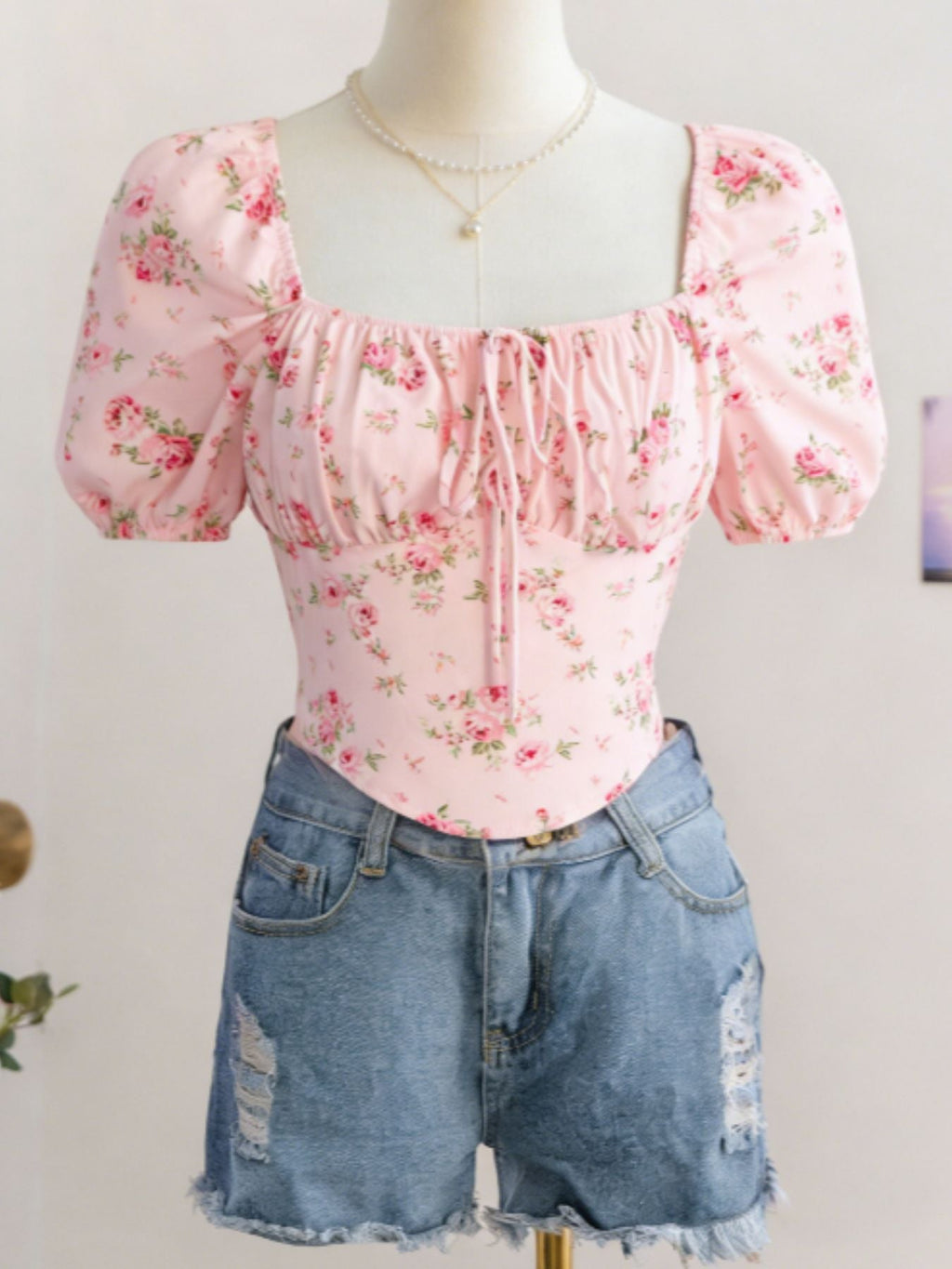Floral Print Tie Front Puff Sleeve Blouse