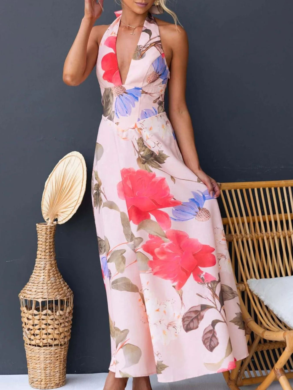 Floral Print Halter Neck Maxi Dress