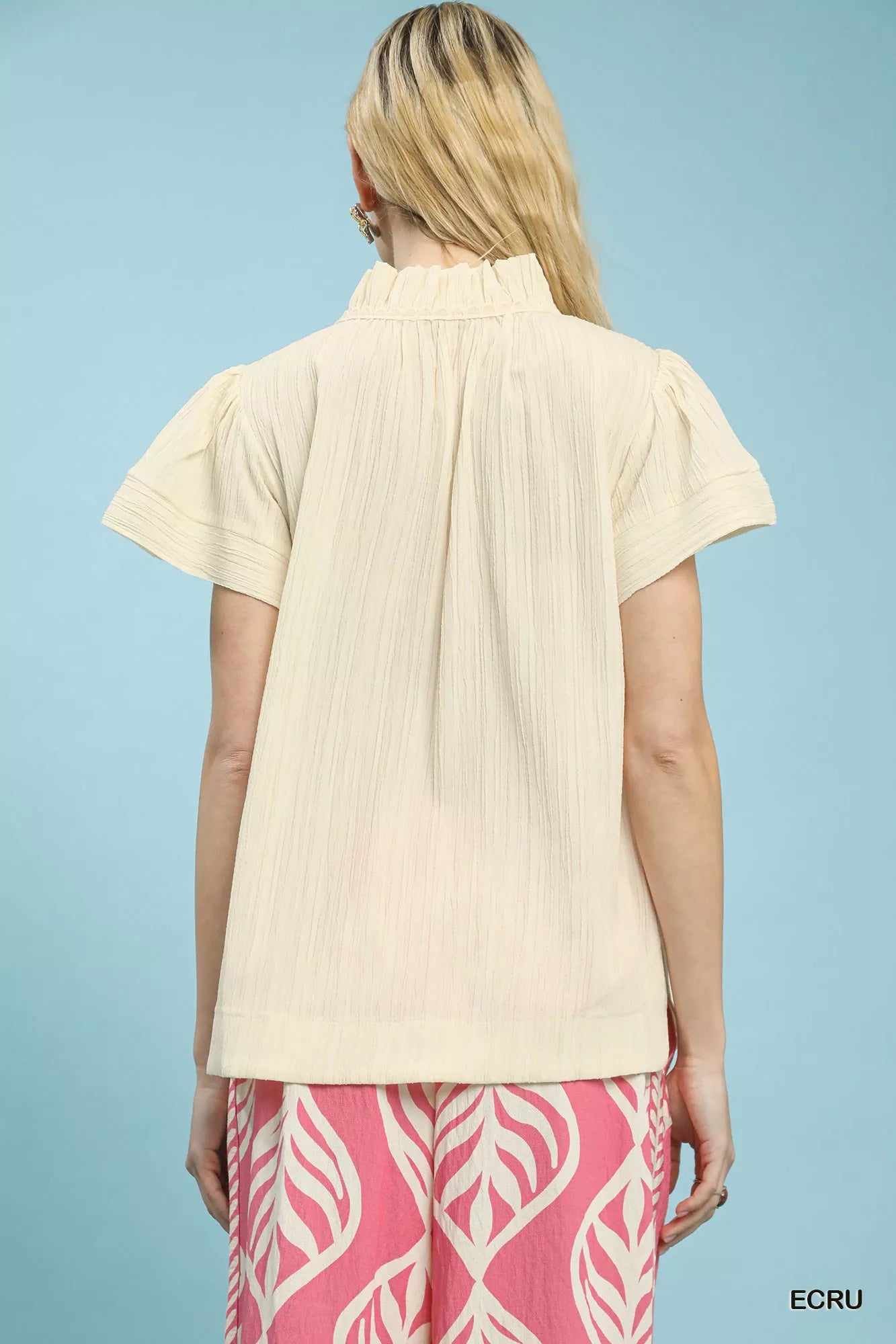 Umgee Texture Flutter Sleeve Notched Blouse