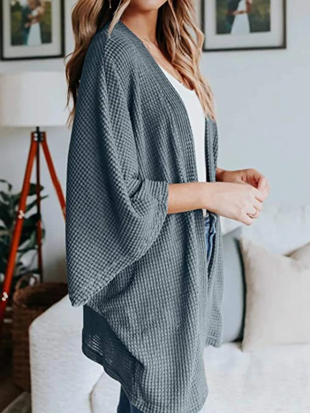 Full Size Open Front Waffle Knit Cardigan Plus Size