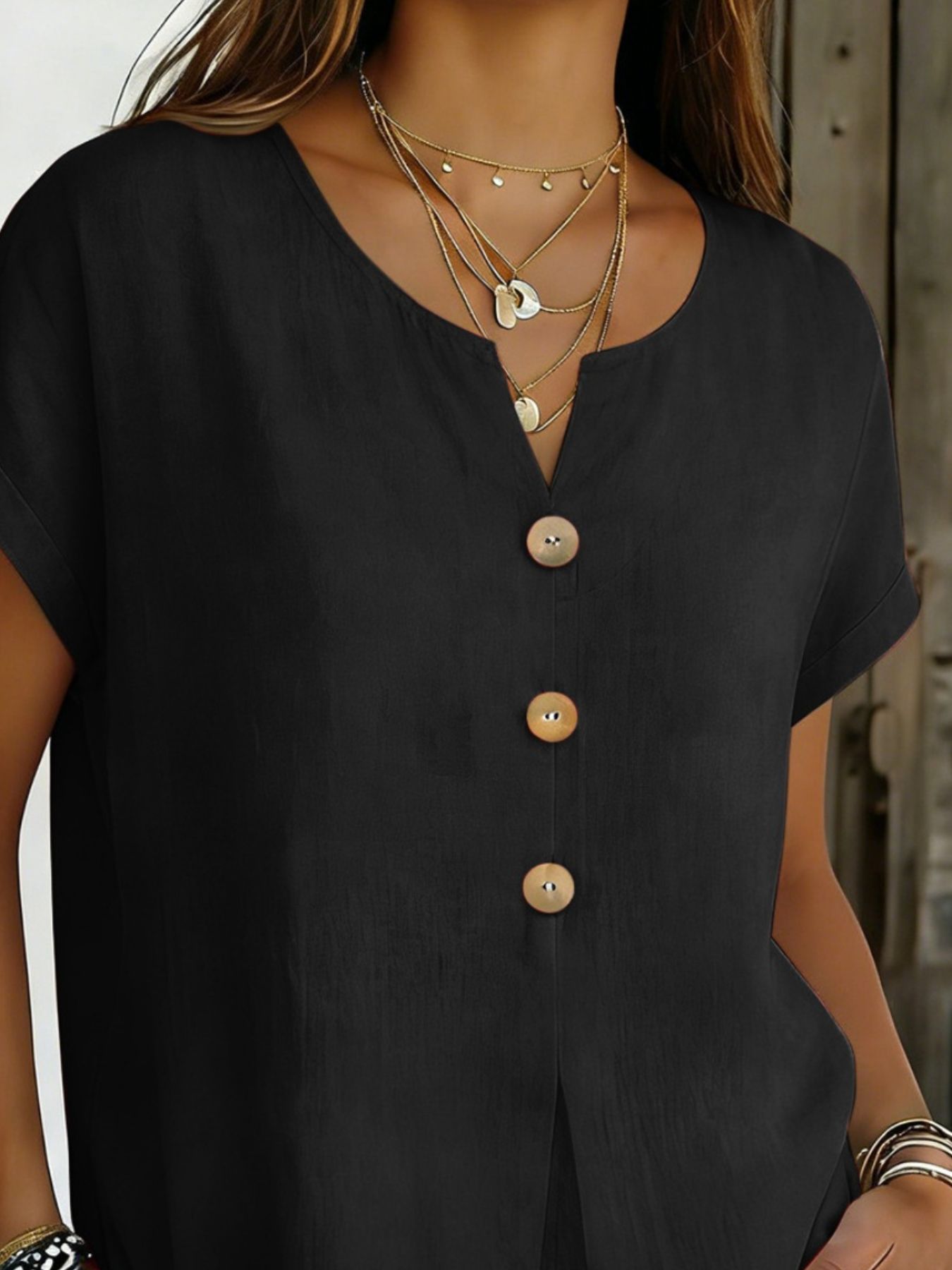 Decor Button Short Sleeve Blouse