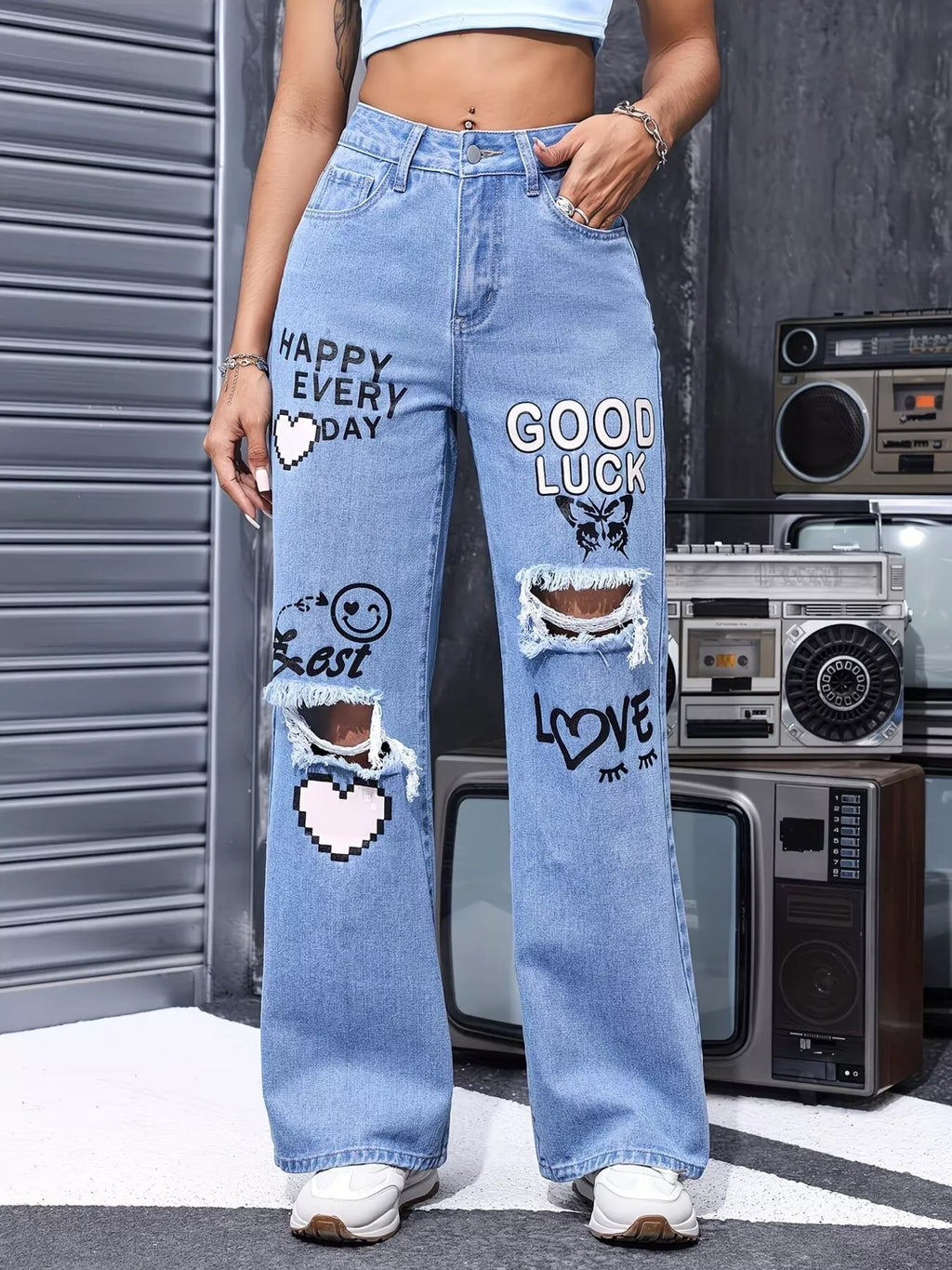 Distressed Printed Wide Leg Jeans